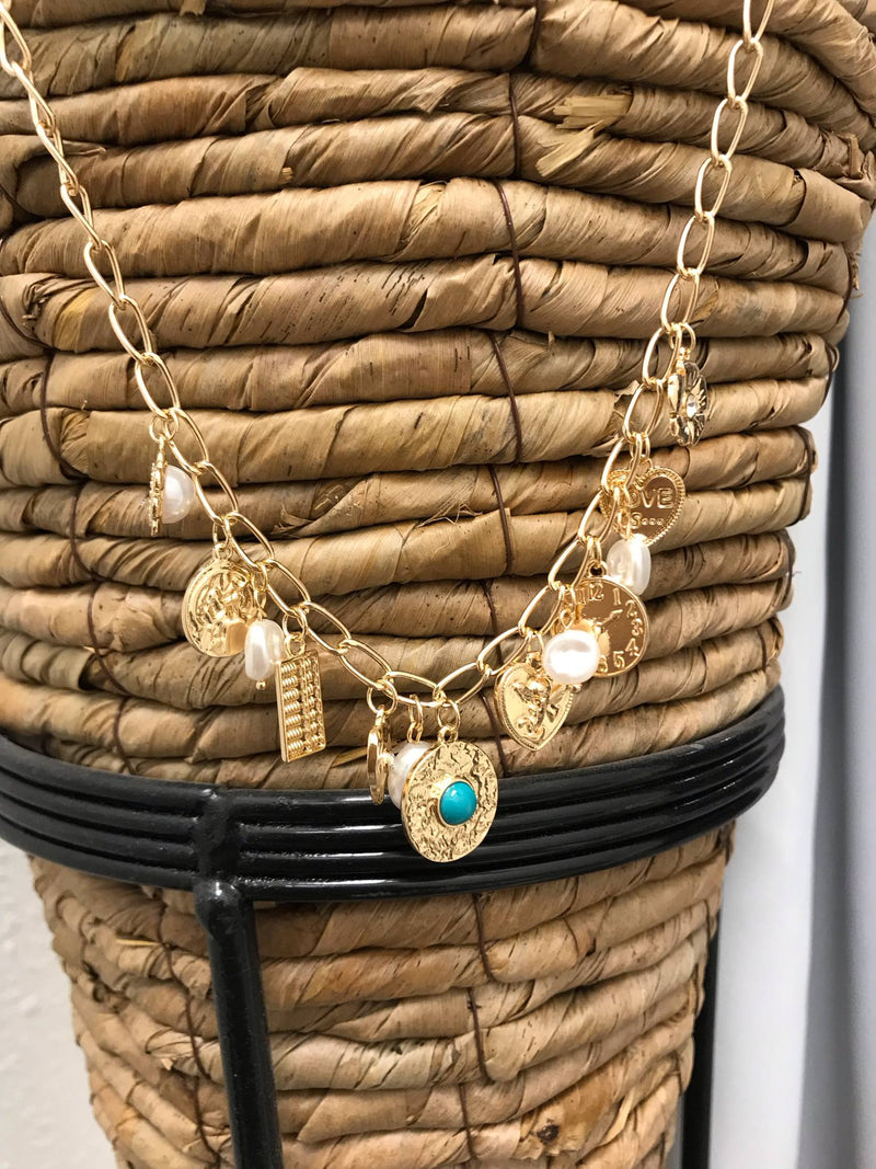 Teal Disc Heart Charm Necklace
