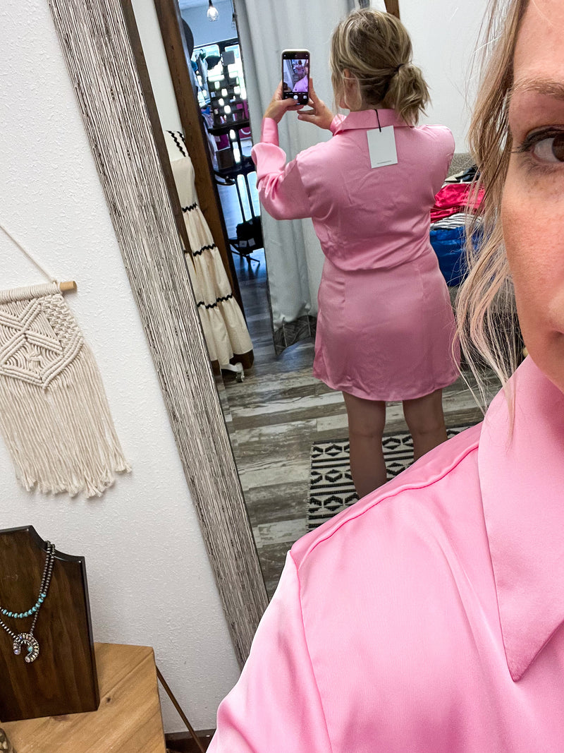 bubble gum pink satin collared dress