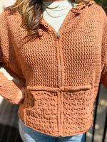 Camel colored Chenille Knit Sweater with zipper closure and hood