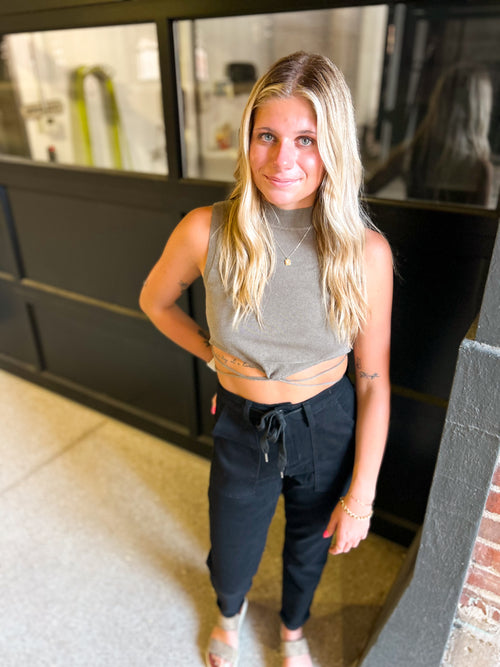 olive green high neck crop top with self tie decor