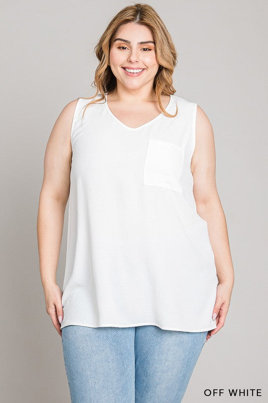 Cotton bleu v-neck pocket tank top blouse in off white