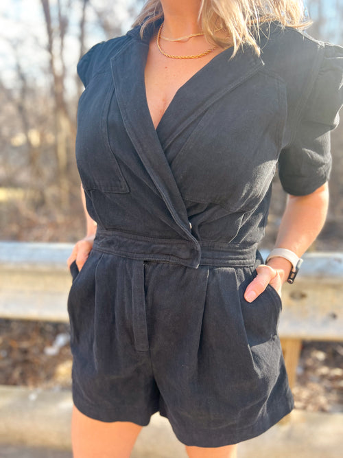 denim surplice romper in black