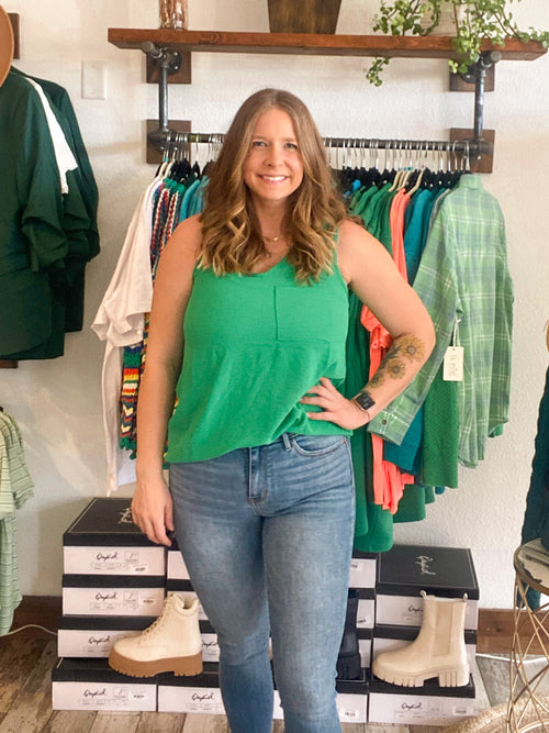 Cotton bleu v-neck pocket tank top blouse in kelly green