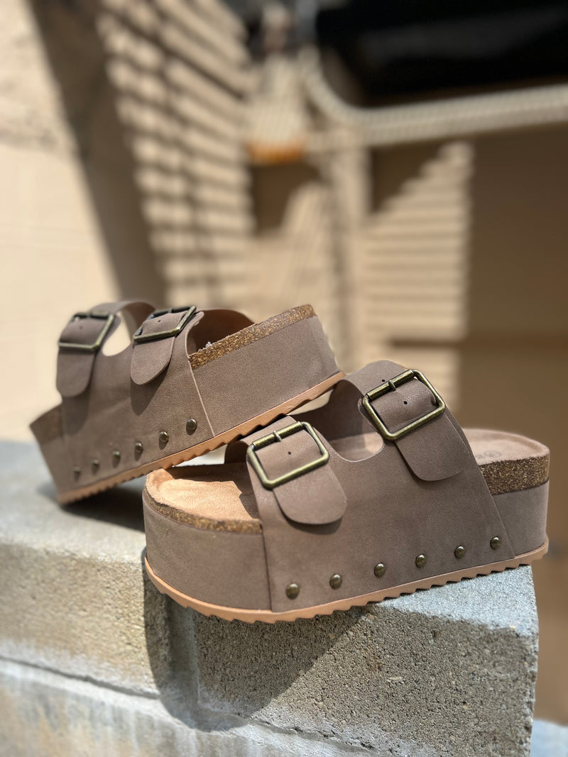 Taupe platform two strap sandals with studs 