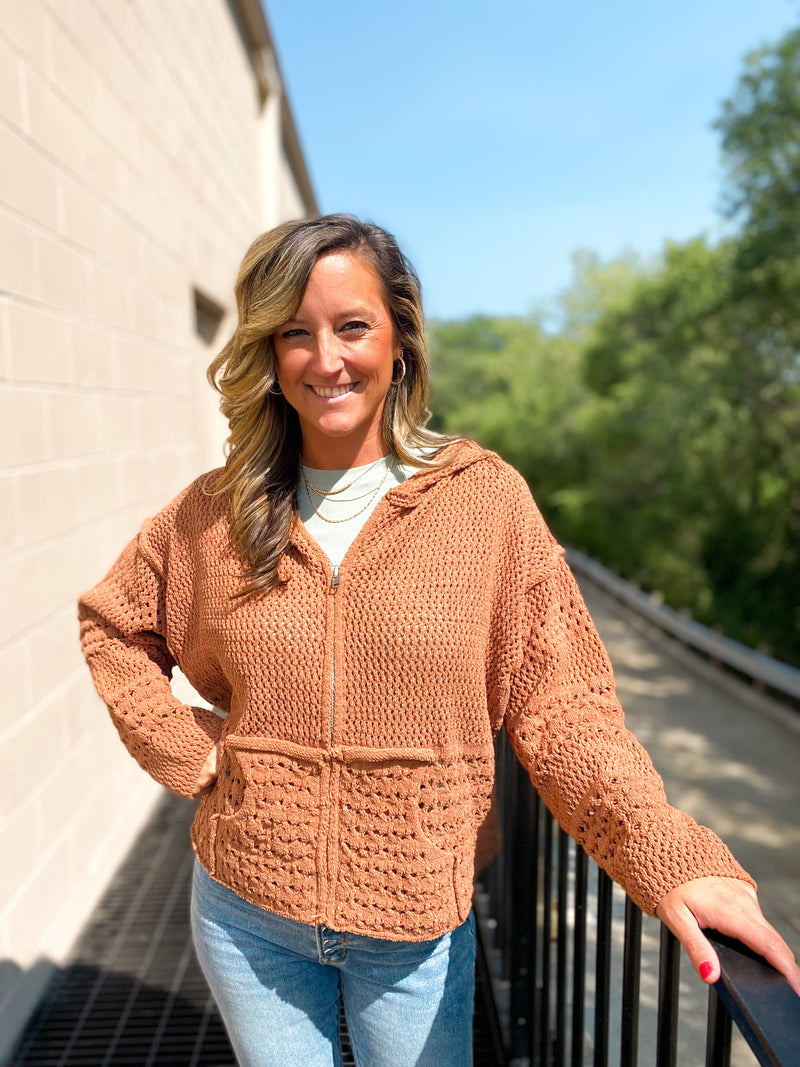 Camel colored Chenille Knit Sweater with zipper closure and hood