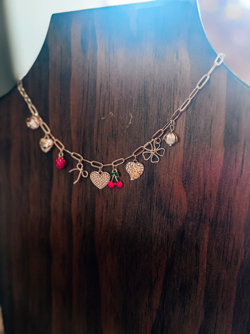 Multi Charm Cherry Bow Necklace