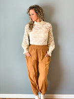 camel relaxed fit dress pants with elastic waistband