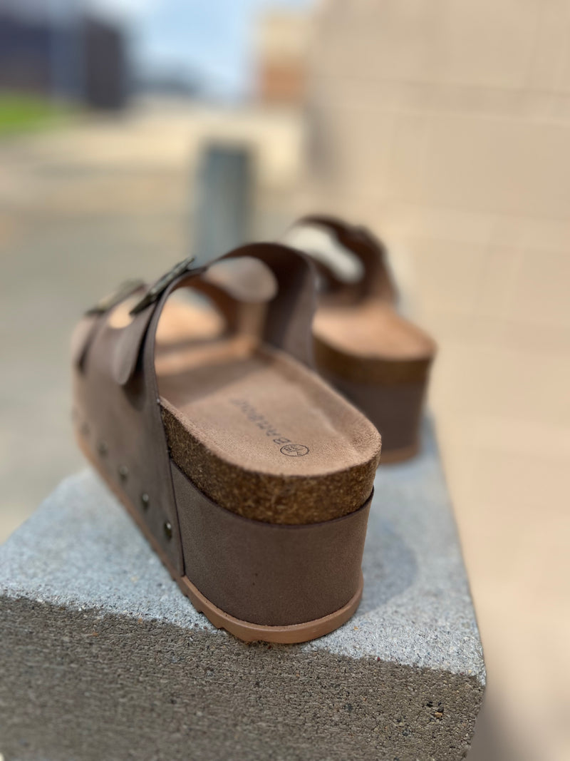 Taupe platform two strap sandals with studs 