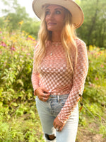 peach mesh and velvet checkered long sleeve