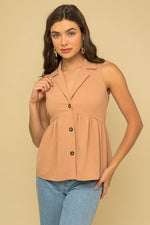 Tan Sleeveless Blouse with Collared neckline and button detail front