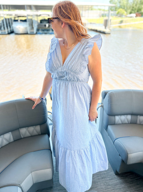 light blue striped deep v midi dress with ruffle sleeves