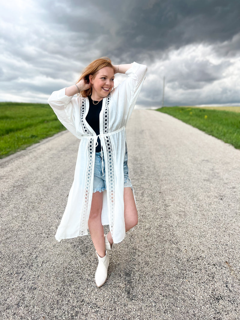 white gauze maxi kimono with lace trim