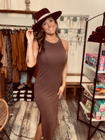 Brown ribbed racerback maxi dress with slit 