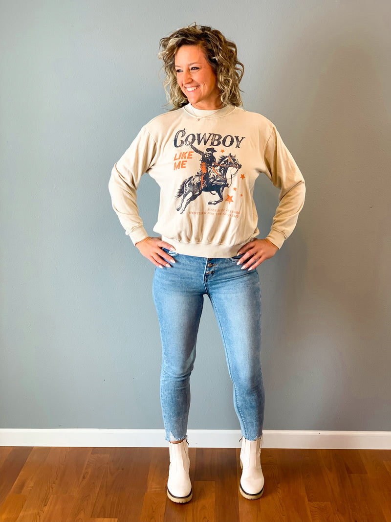 Hrt & Luv cowboy like me graphic sweatshirt in cream with blue and orange print