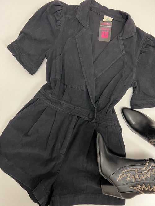 denim surplice romper in black