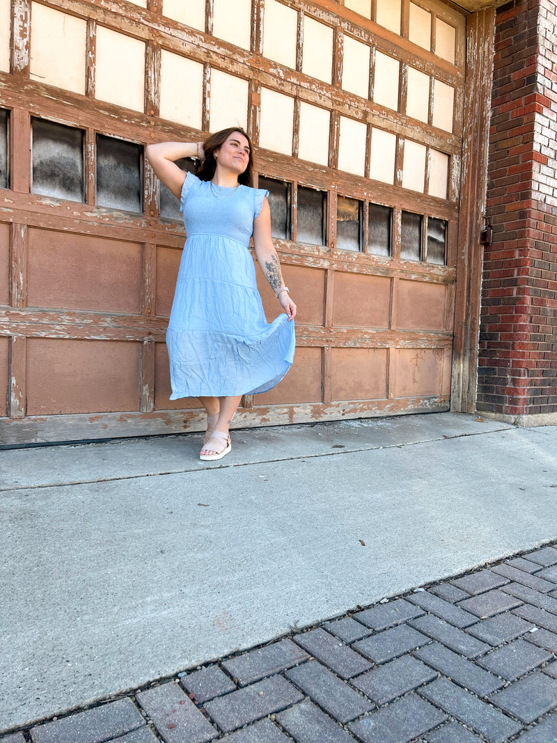 April  Light Chambray Tiered Midi Dress