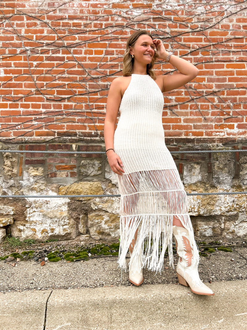 Crochet Knit Halter Fringe Maxi Dress