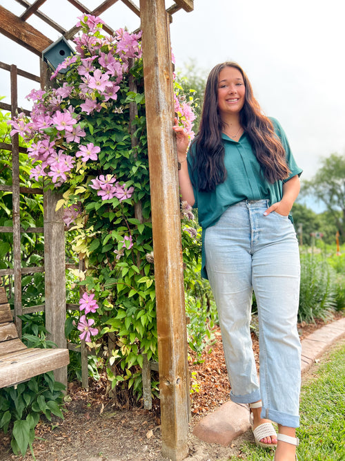 loose button down shirt teal