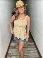 Hayden ruffle strap polka dot peplum tank top in beige with black dots