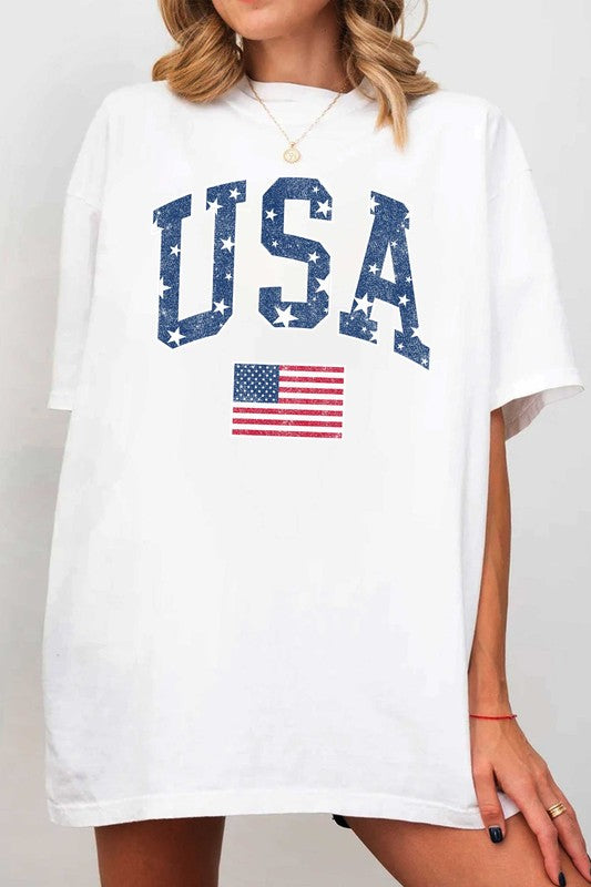 USA oversized graphic tee with stars and flag in white