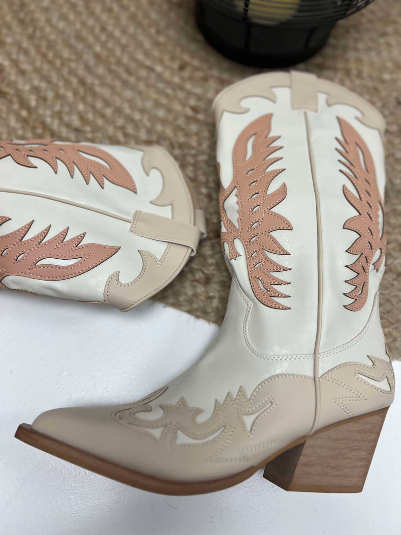 Lainey Pink and Off White Cowboy Boots