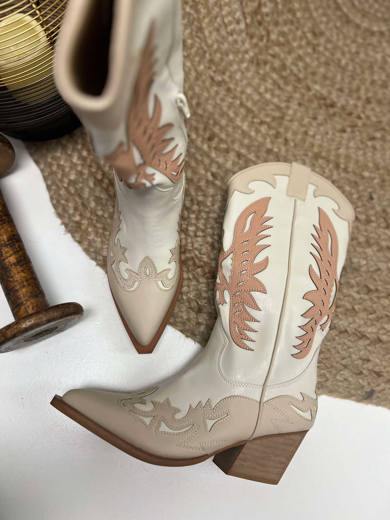 Lainey Pink and Off White Cowboy Boots