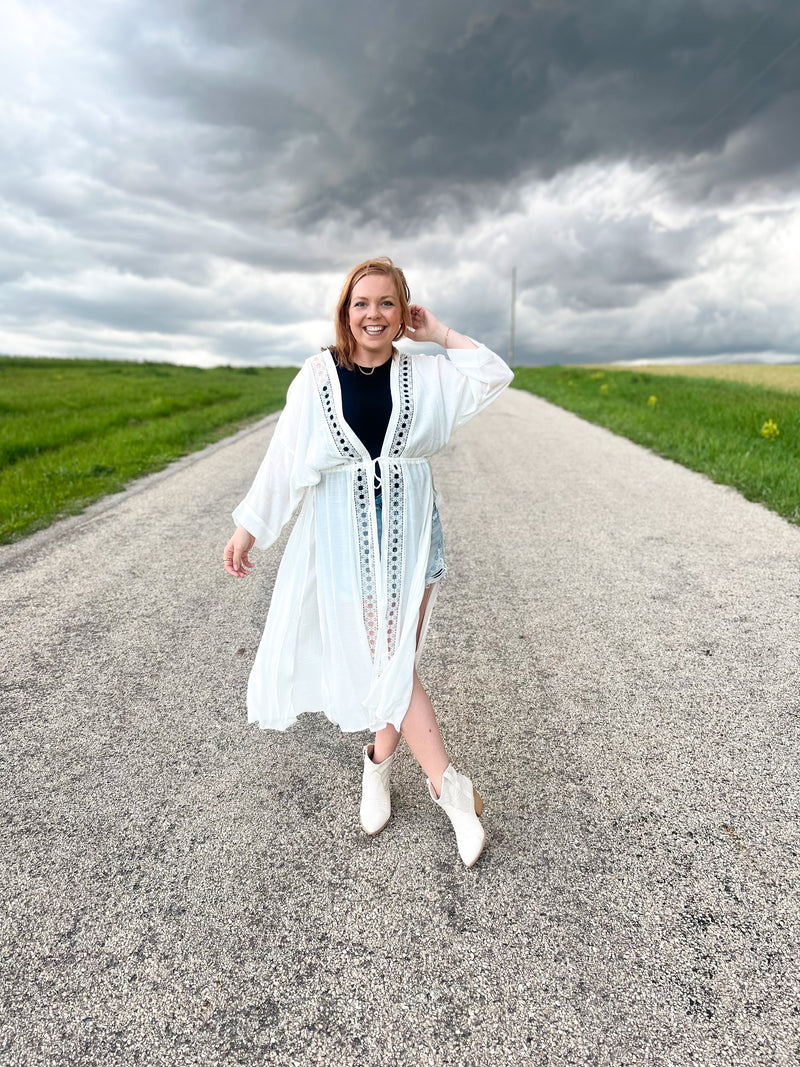 white gauze maxi kimono with lace trim