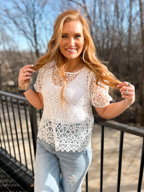 Cotton Bleu crochet lace short sleeve blouse in white