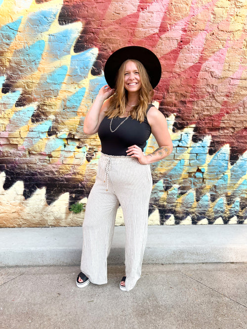 striped linen pants in cream and gray