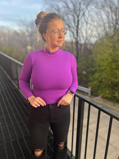 Iris ribbed mock neck long sleeve top in purple