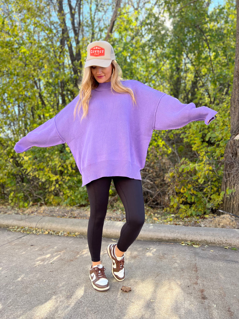 Zenana oversized sweater with side slits in lavender