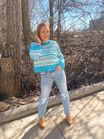 Entro blue and white striped crochet sweater with box fit