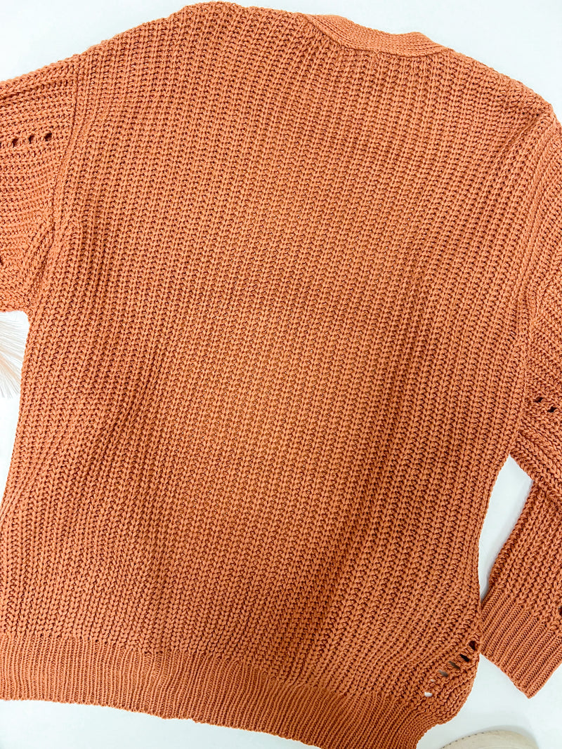 Back of rust colored Rose Open Knit Cardigan