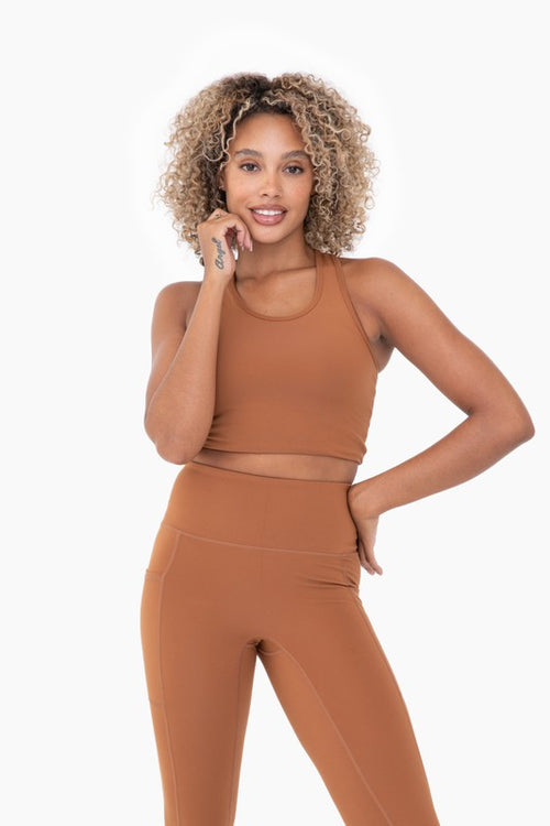 Mono B dominate leg day racerback cropped sports tank top in camel