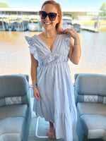 light blue striped deep v midi dress with ruffle sleeves