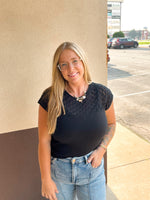 Black Eyelet Yoke Knit Top