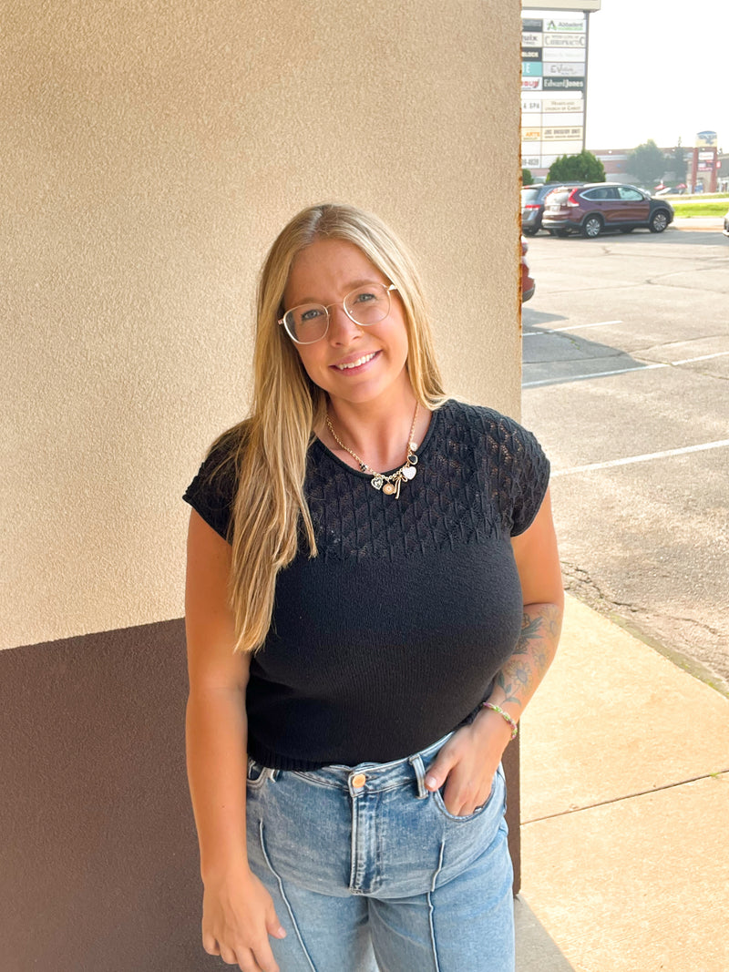 Black Eyelet Yoke Knit Top