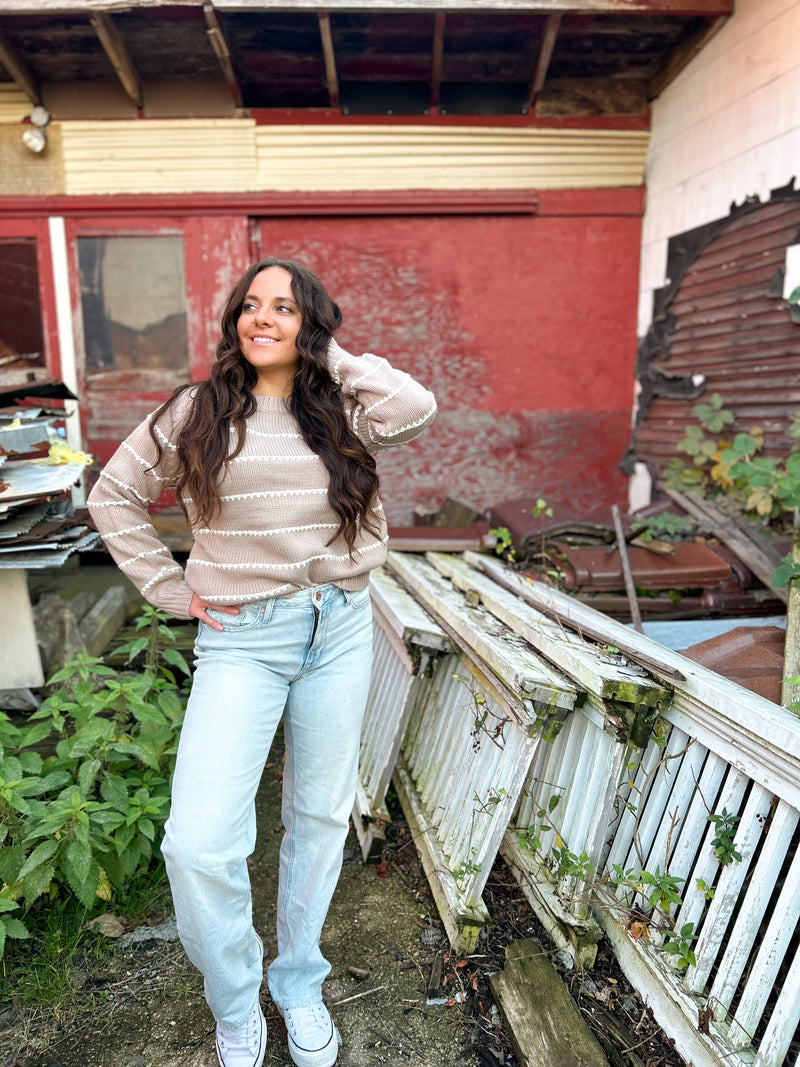 Zeeva Taupe Stitch Striped Sweater