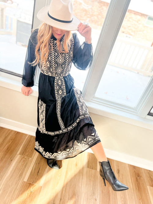 boho tiered maxi dress in black