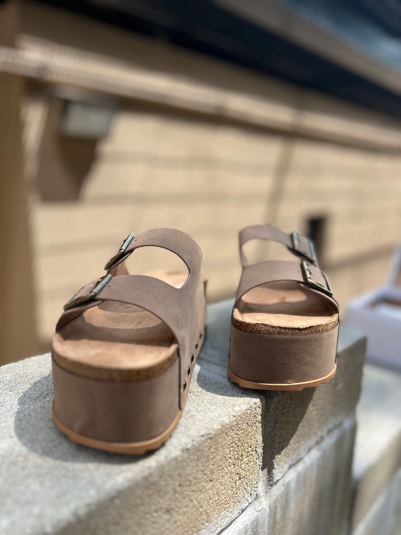 Taupe platform two strap sandals with studs 