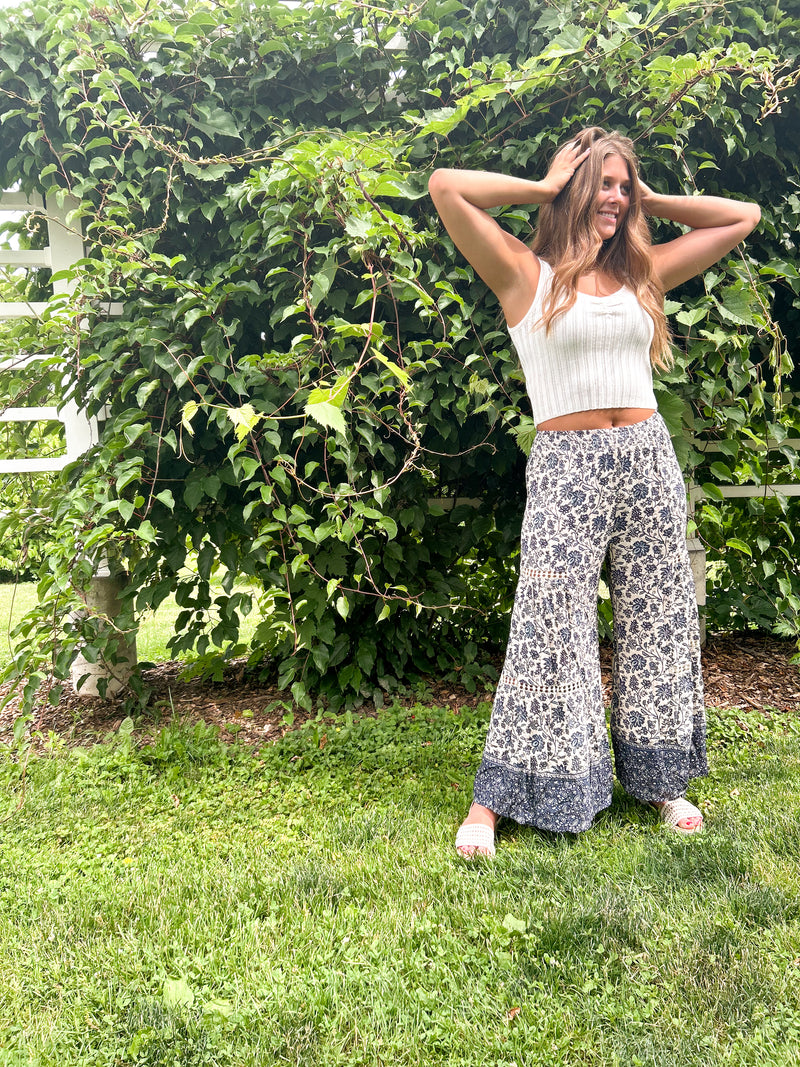 blue and white boho wide leg pants with elastic waist