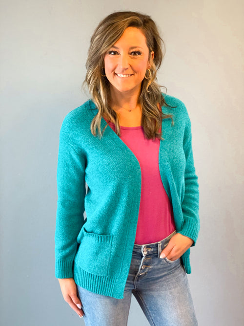 Zenana melange open front cardigan sweater in turquoise