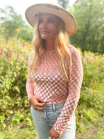 peach mesh and velvet checkered long sleeve