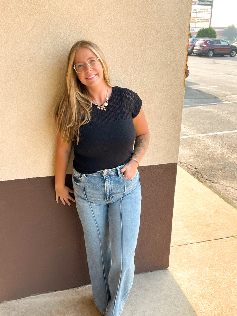Black Eyelet Yoke Knit Top