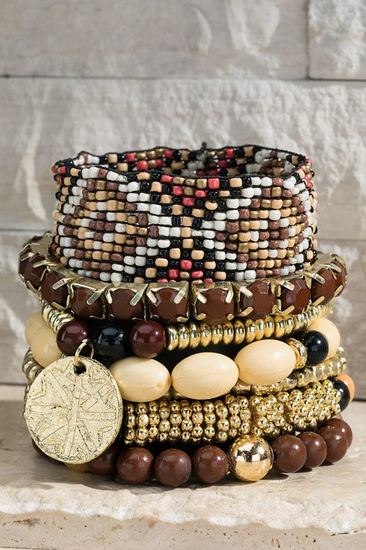 Brown chunky stretch bracelet set with Aztec charm 