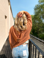 Camel colored Chenille Knit Sweater with zipper closure and hood