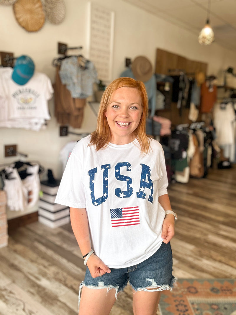 USA oversized graphic tee with stars and flag in white