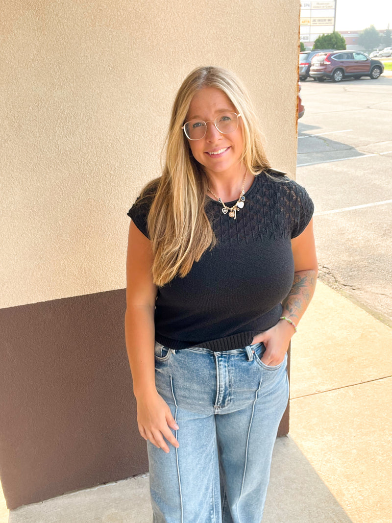 Black Eyelet Yoke Knit Top