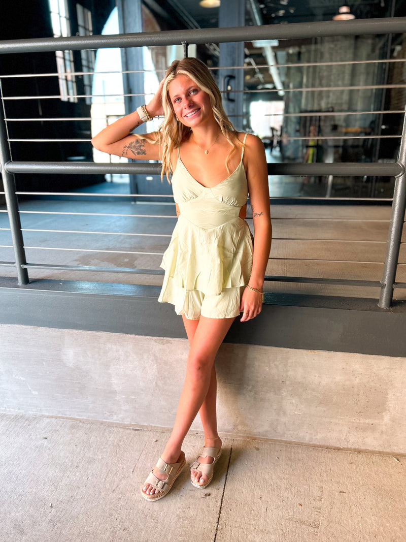 light green cutout waist romper with ruffles