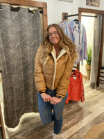 Iris fur lined quilted hoodie puffer jacket with pockets in light camel